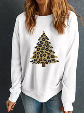 White plush leopard tree patched drop shoulder sweatshirt with slightly stretchy fabric and machine wash care