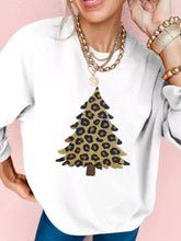 White plush leopard tree patched drop shoulder sweatshirt featuring a machine wash soft slightly stretchy fabric
