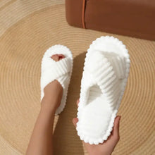 White plush open toe flats slippers with criss cross straps and ridged design