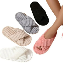 Plush open toe flats slippers with criss cross straps in corduroy