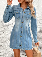 A fitted medium-wash long sleeve denim dress with button-front design and pockets in pocketed button up long sleeve denim dress