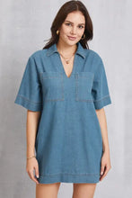 Blue denim dress with short sleeves pocketed collared neck mini denim dress perfect for casual wear