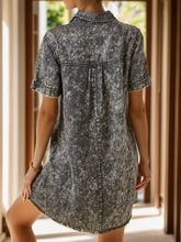 Gray and white marbled denim dress with pocketed collared neck short sleeves and frayed hem detail