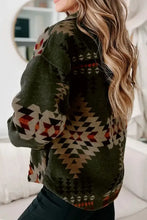 Pocketed geometric collared neck olive green aztec print jacket