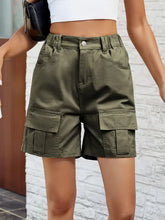 Pocketed high waist olive green denim shorts with waist stretch