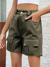 Pocketed high waist olive green denim shorts with waist stretch