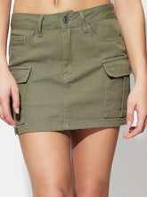 Olive green mini denim skirt with multiple pockets and button closure in cargo style for casual wear