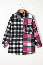 Pocketed plaid collared neck long sleeve shacket in black, white, pink squares