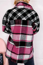 Pocketed plaid collared neck long sleeve shacket in pink, black, white