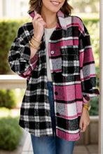 Pocketed plaid collared neck long sleeve shacket in pink black white wool