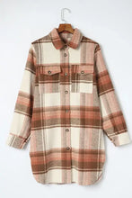 Pocketed plaid collared neck shacket in beige and brown