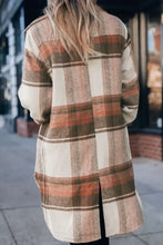 Pocketed plaid collared neck shacket in beige, brown, and orange