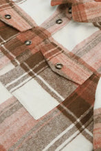 Pocketed plaid collared neck shacket in beige and brown tones