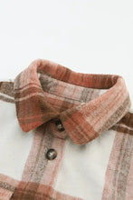 Pocketed plaid collared neck shacket in beige, brown, pink, white checks