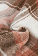 Pocketed plaid collared neck shacket in beige and brown with flannel blanket