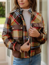 Pocketed plaid long sleeve jacket with brown leather accents