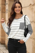 Women’s long-sleeve pocketed striped round neck T-shirt