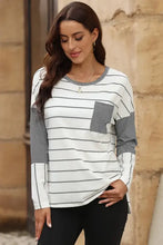 Women’s pocketed striped round neck long-sleeve T-shirt with chest pocket