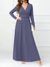 Pocketed surplice long sleeve maxi dress in periwinkle blue with white heels