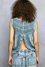 Blue denim cotton blouse showing back with pol button closure and intricate embroidered patterns and ruffled detailing
