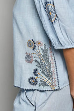 Light blue lightweight woven POL button down embroidered floral short sleeve shirt with navy yellow and pink embroidery