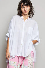 White oversized half dolman sleeve button-down shirt with rolled sleeves and chest pocket by pol