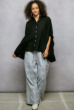 Black half dolman sleeve button-up blouse with loose flowing sleeves and relaxed fit by pol