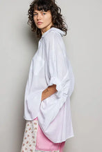 White oversized cotton button-up shirt with ruched half dolman sleeves and relaxed fit by pol