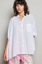 White loose-fitting half dolman sleeve shirt with subtle pink gradient hem and gold-toned buttons by POL