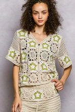 Sage green POL Button Front V-Neck Crochet Cardigan with star motifs