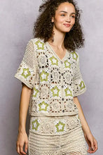 Cream POL Button Front V-Neck Crochet Cardigan with sage green star motifs