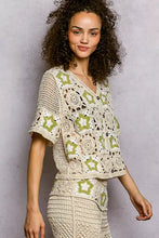 Cream POL Button Front V-Neck Crochet Cardigan with sage green star motifs