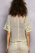Cream-colored POL crochet cropped top with sage green star motifs