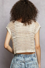 Beige pol crochet button-down vest with scalloped edges featuring short flutter sleeves and a ribbed hem