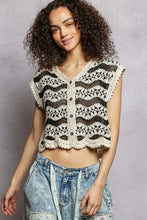 Cream and black pol crochet button down vest with scalloped edges featuring a crocheted crop top design