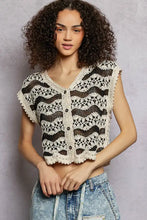 Pol crochet button black and cream crochet crop top with v-neck scalloped edges and wavy pattern design