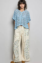 Light blue crochet lace short sleeve top with v-neck and open-knit design by POL Crochet Lace Short Sleeve Top