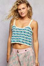 Blue and white crocheted crop top with scalloped edge and geometric pattern crochet cami by POL