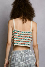 Pol cropped crochet cami with scalloped edge in teal and terracotta hues featuring thin off white straps and geometric pattern