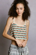 Pol cropped crochet cami featuring a colorful knitted crop top with scalloped edge in orange and teal geometric pattern