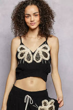 Black fringe v neck cami tank with intricate white lace and sequin butterfly appliqués pol embroidered fringe design