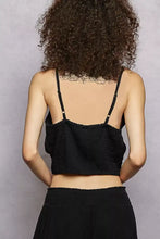 Black textured cami tank with thin straps and gold hardware featuring pol embroidered fringe v neck detail