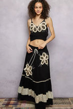 Black pol embroidered fringe v neck cami tank with cream and black beaded butterfly appliqués and floral embroidered skirt