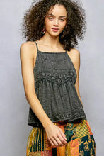 Black textured pol embroidered square neck cami with intricate lace and adjustable shoulder straps for stylish wear
