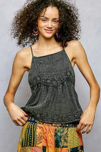 Black textured pol embroidered square neck cami with intricate lace detailing and adjustable shoulder straps