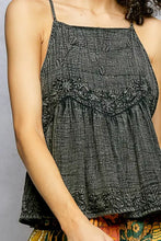 A dark gray pol embroidered square neck cami with intricate floral embroidery and adjustable shoulder straps