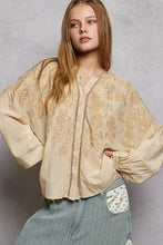 Beige long sleeve washed blouse with pol embroidery button front and floral embroidered patterns for casual wear