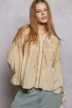Beige long sleeve blouse with floral pol embroidery button front in washed fabric for casual wear