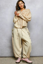 Beige long sleeve pol embroidery button down washed shirt with lace detailing and relaxed flowing silhouette