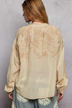 Back view of beige pol embroidery button down long sleeve washed shirt with delicate floral embroidered patterns